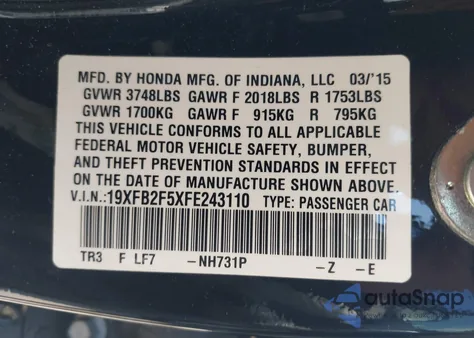 2015 Honda Civic Lx z USA, uszkodzony, nr VIN 19XFB2F5XFE243110